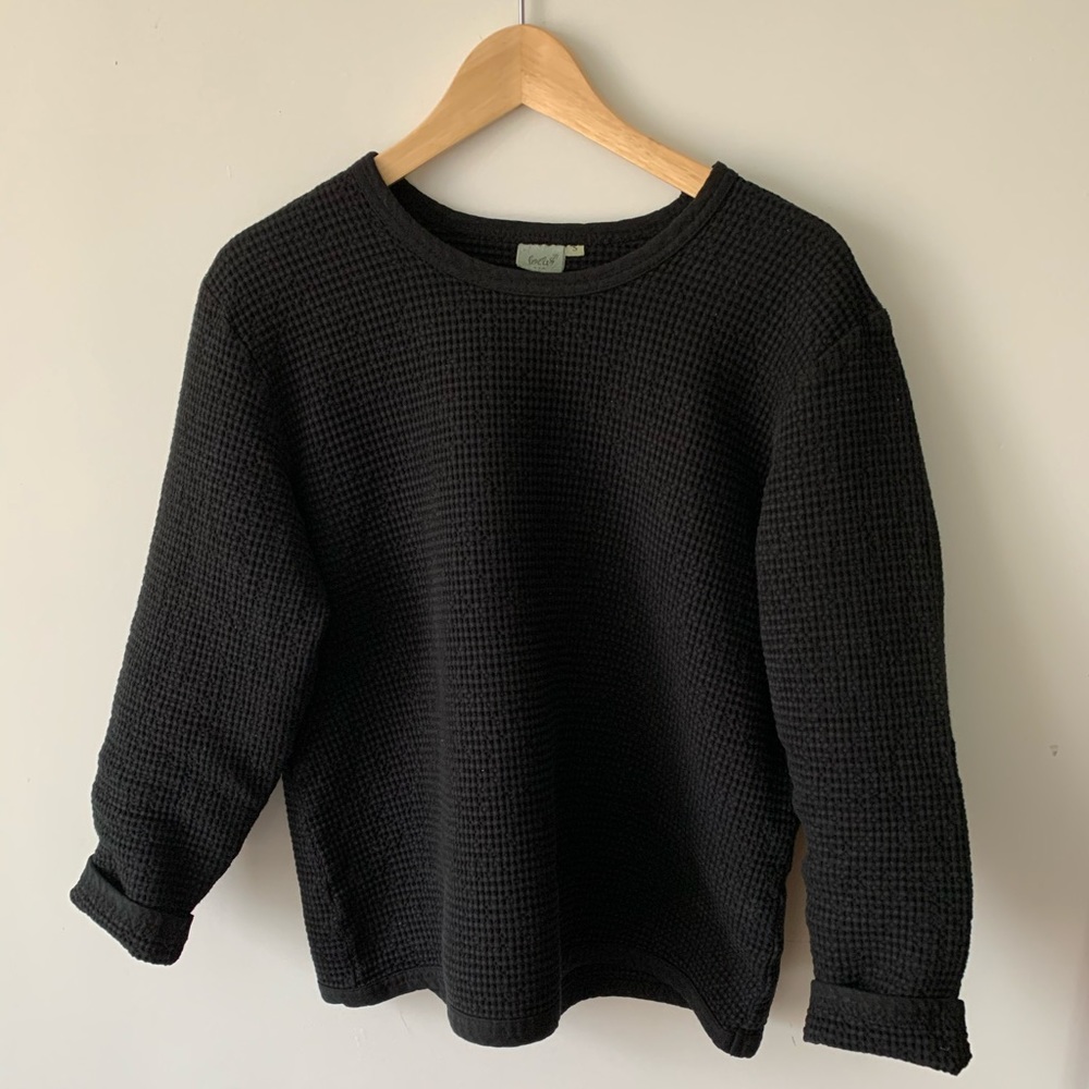 Women's Black Waffle Knit Long Sleeve Tee